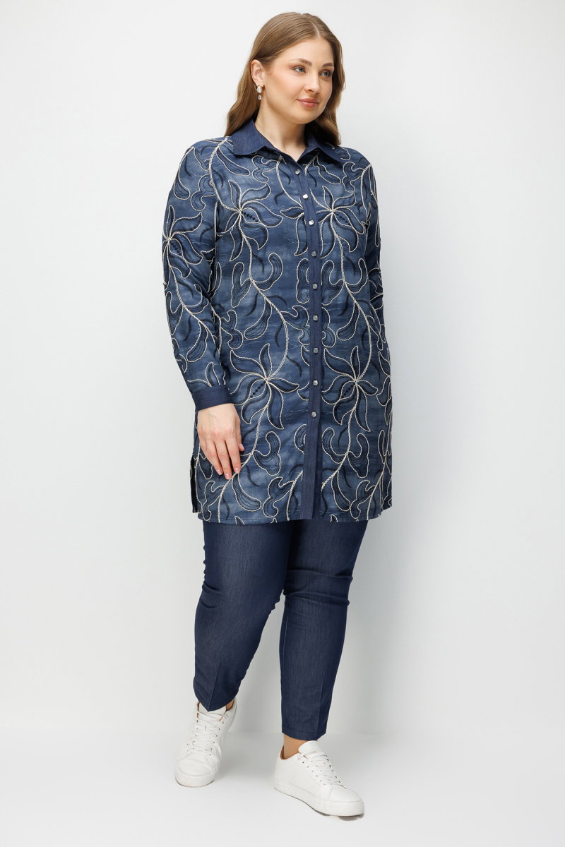 Moda İlgi Kadın Büyük Beden Çiçek Desen Nakışlı Düğme Kapamalı Uzun Tunik 0374 Lacivert - 3