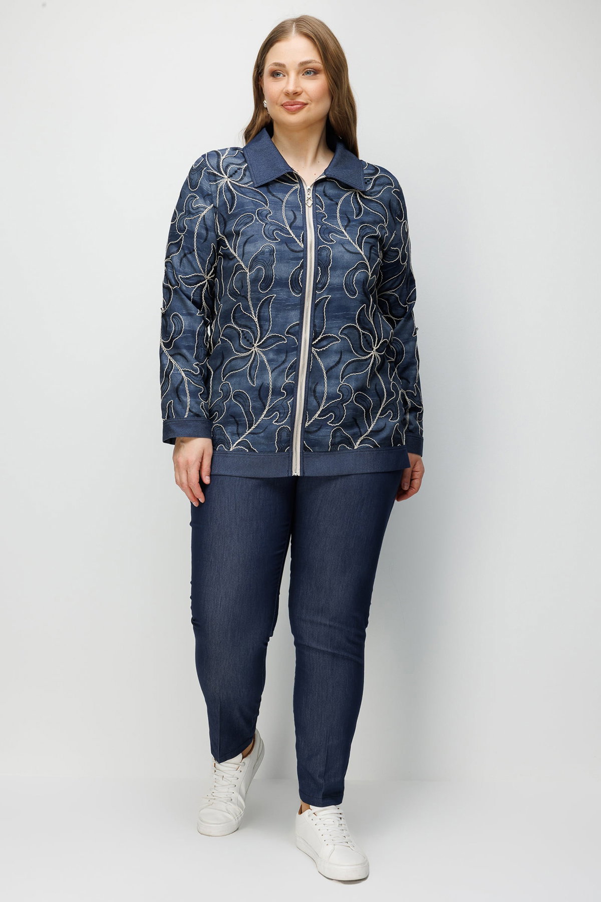 Moda İlgi Kadın Büyük Beden Çiçek Desen Nakışlı Fermuarlı Tunik 0375 Lacivert - 3