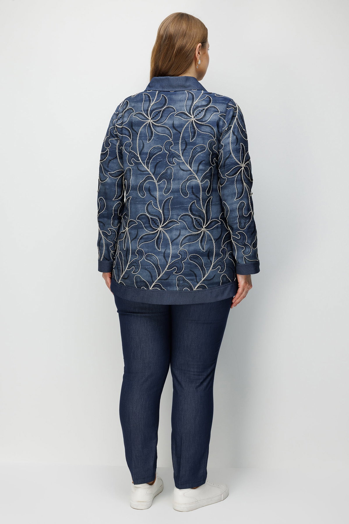 Moda İlgi Kadın Büyük Beden Çiçek Desen Nakışlı Fermuarlı Tunik 0375 Lacivert - 4