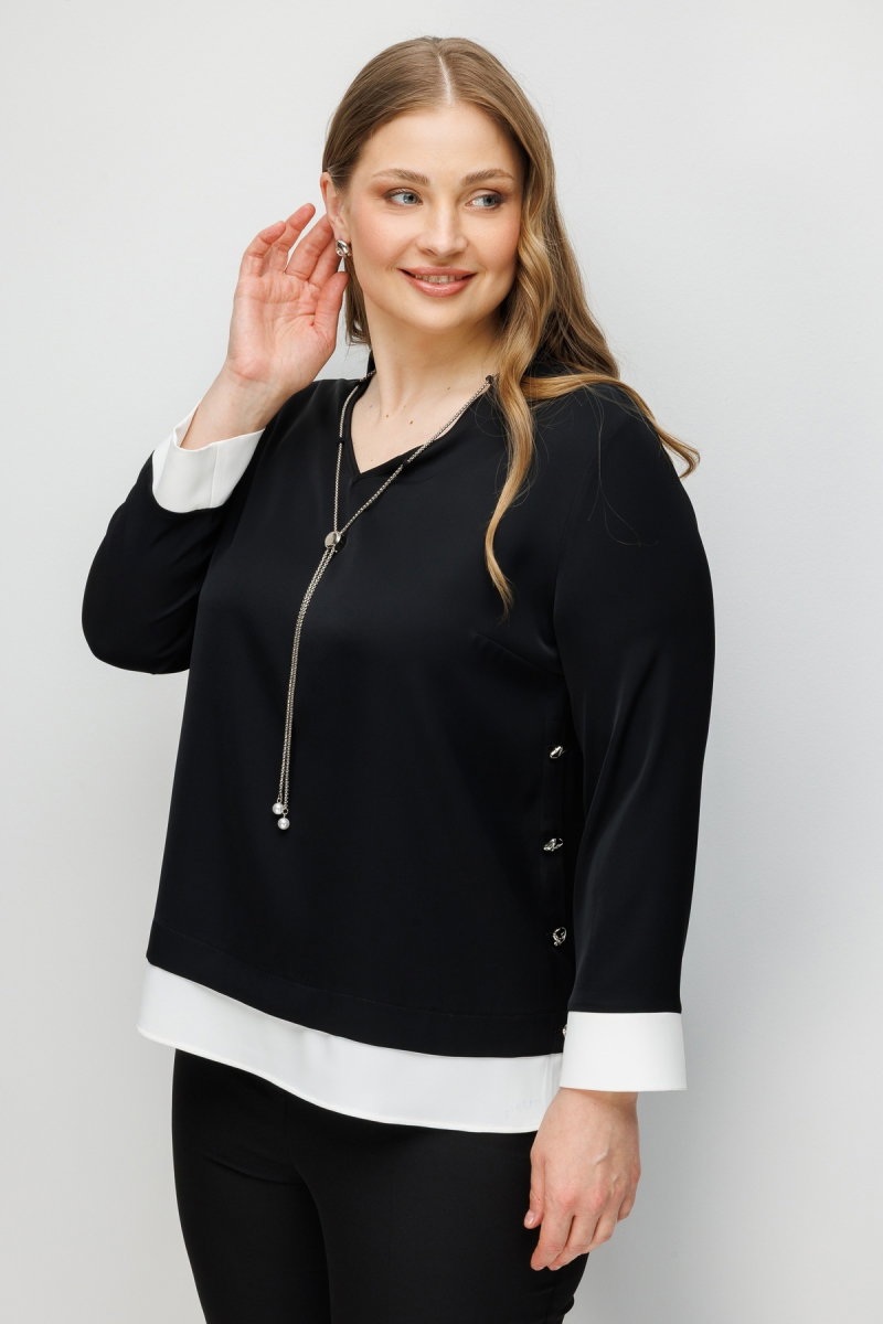 Moda İlgi Kadın Büyük Beden Kolye Detaylı Yanları Düğmeli Bluz 0074 Siyah - Moda İlgi