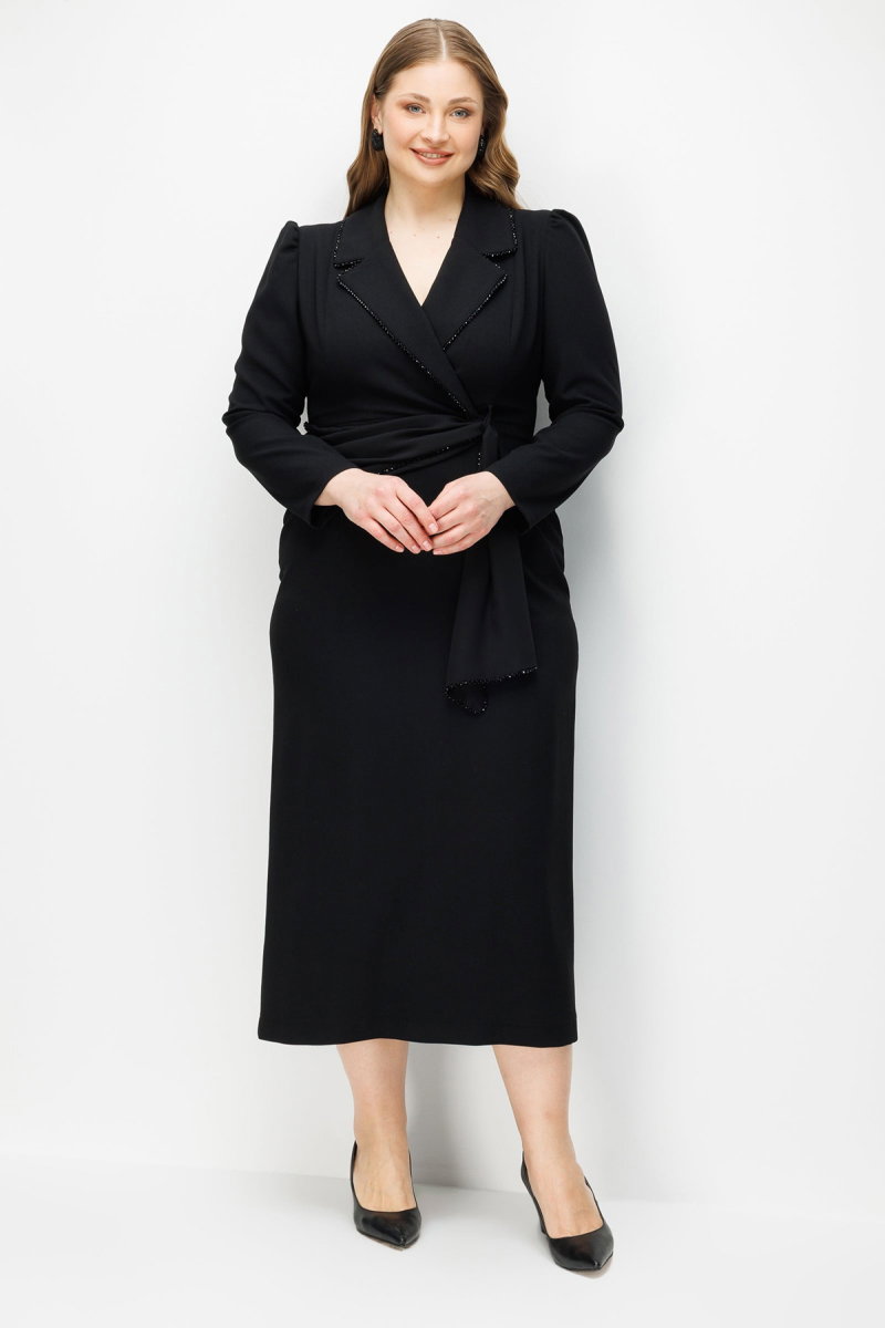 Moda İlgi Kadın Büyük Beden Kruvaze Yaka Boncuk Aksesuarlı Uzun Elbise 0002 Siyah - Moda İlgi