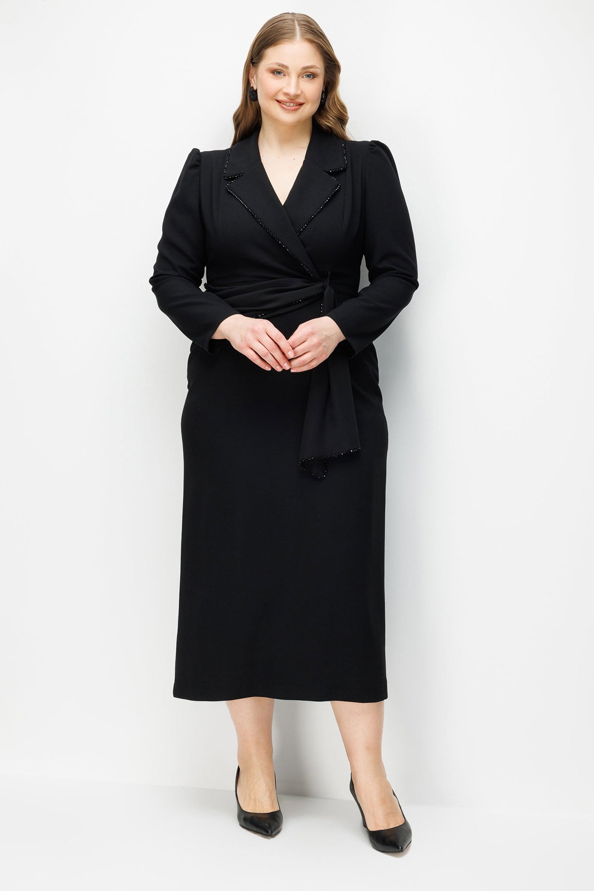 Moda İlgi Kadın Büyük Beden Kruvaze Yaka Boncuk Aksesuarlı Uzun Elbise 0002 Siyah - 1