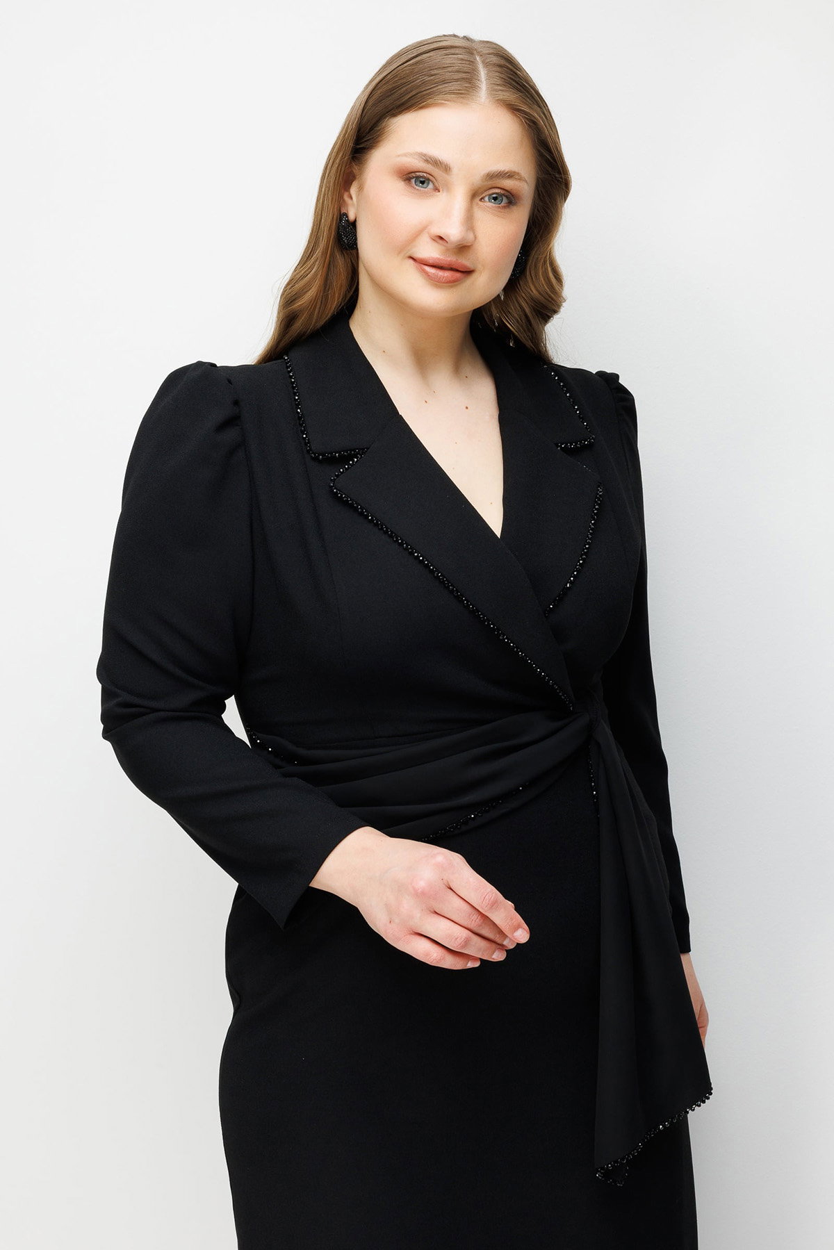 Moda İlgi Kadın Büyük Beden Kruvaze Yaka Boncuk Aksesuarlı Uzun Elbise 0002 Siyah - 2