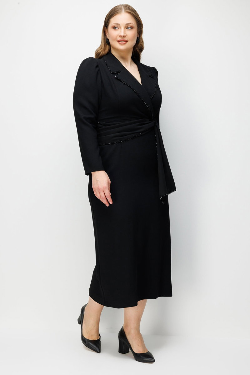 Moda İlgi Kadın Büyük Beden Kruvaze Yaka Boncuk Aksesuarlı Uzun Elbise 0002 Siyah - 3