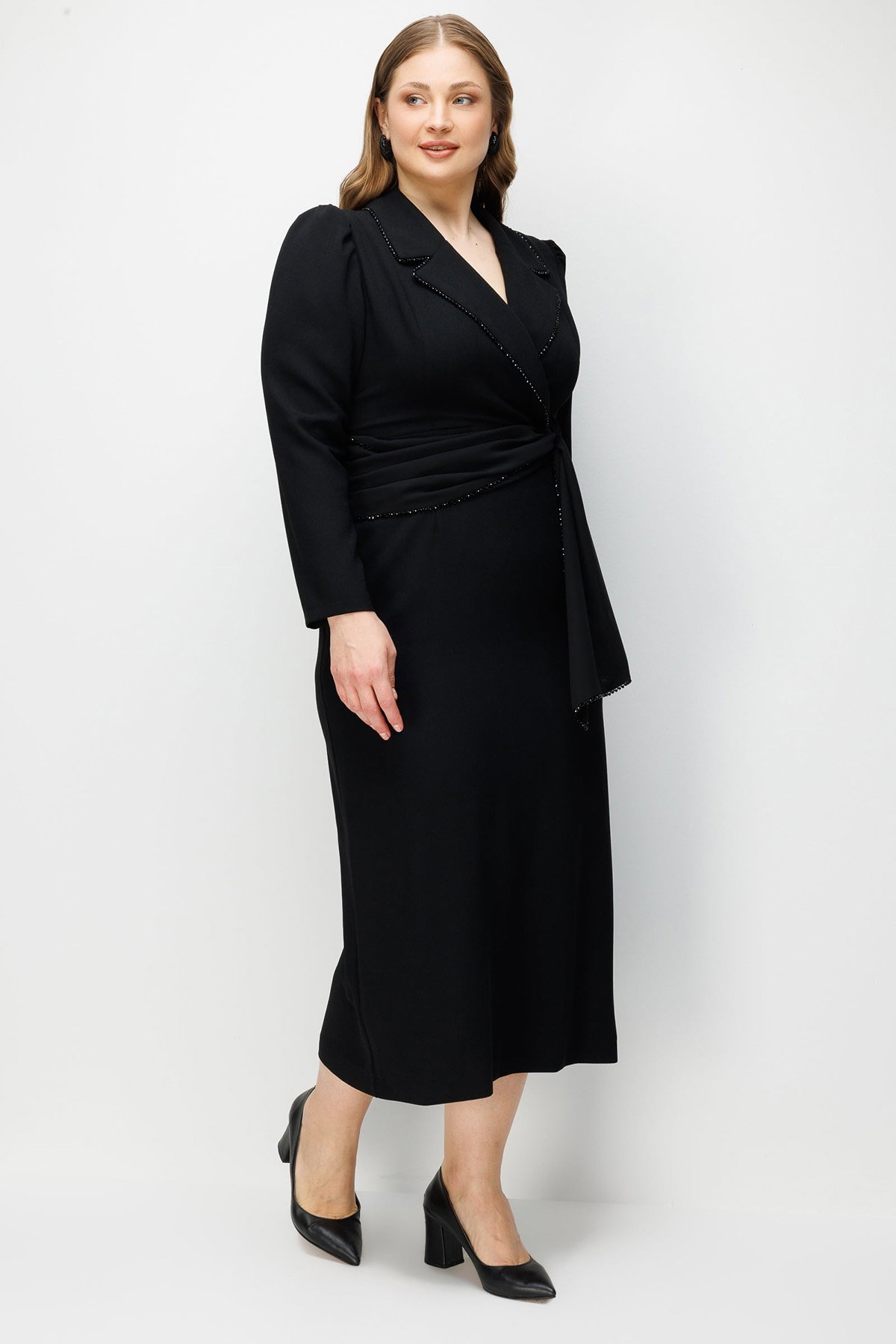 Moda İlgi Kadın Büyük Beden Kruvaze Yaka Boncuk Aksesuarlı Uzun Elbise 0002 Siyah - 3