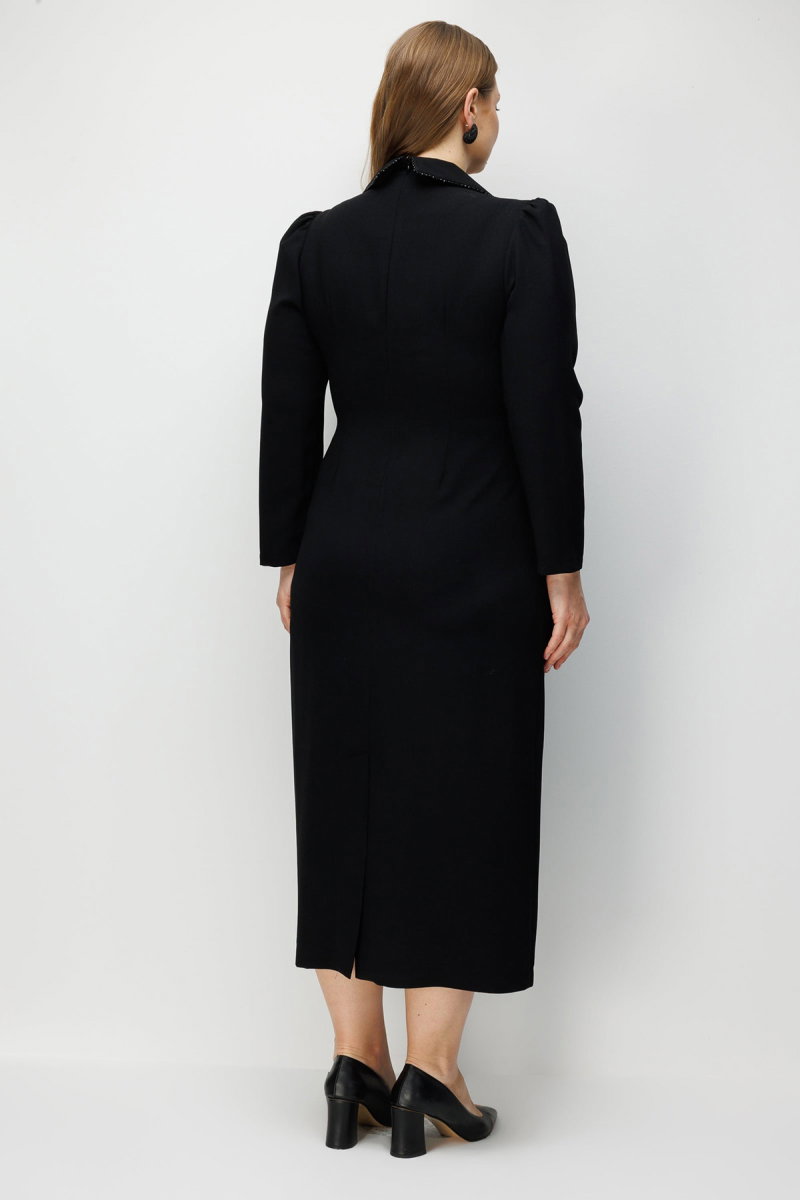 Moda İlgi Kadın Büyük Beden Kruvaze Yaka Boncuk Aksesuarlı Uzun Elbise 0002 Siyah - 4