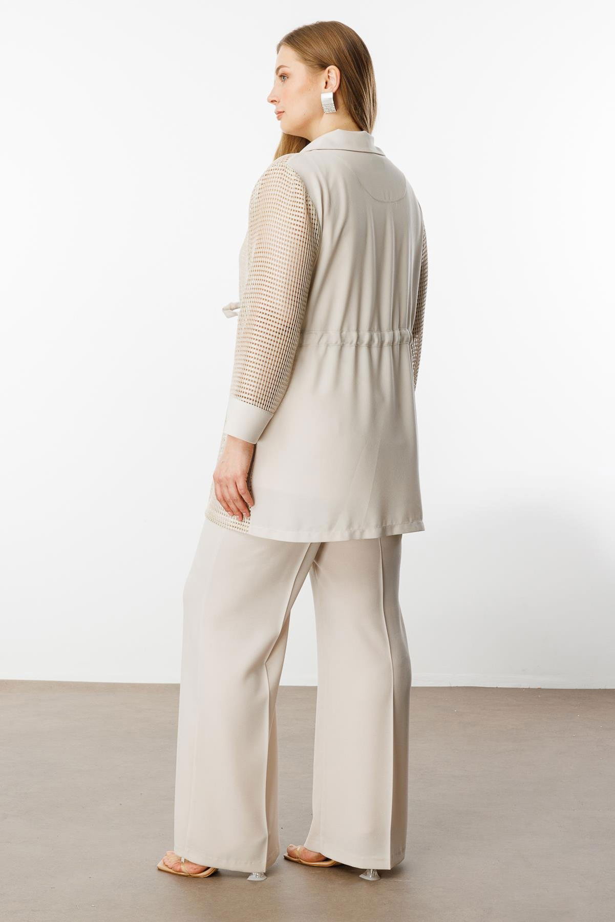 Moda İlgi Kadın Büyük Beden Mono Yaka Beli Büzgülü File Kumaş İkili Takım 0260 Taş - 4