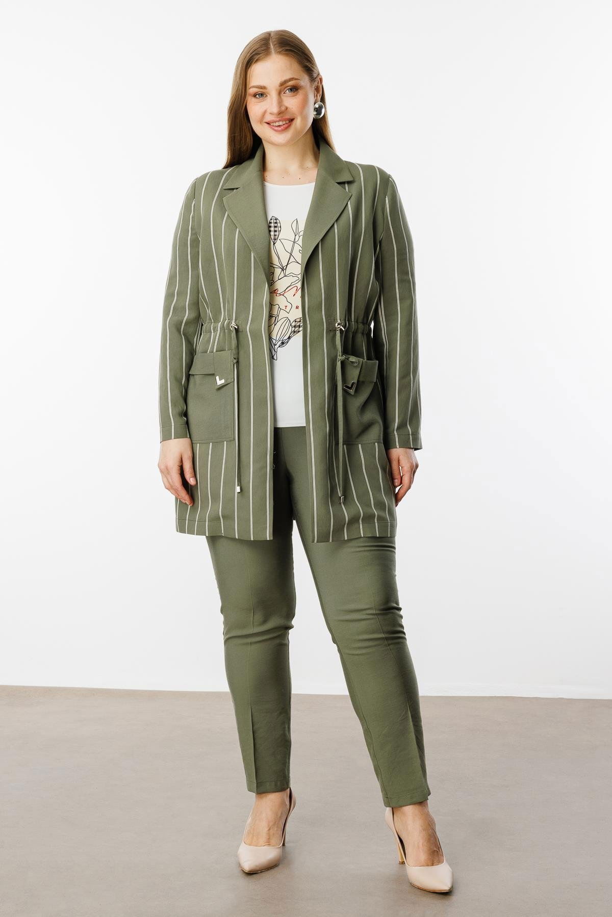 Moda İlgi Kadın Büyük Beden Mono Yaka Çizgili Tunik 40235 Haki - 1