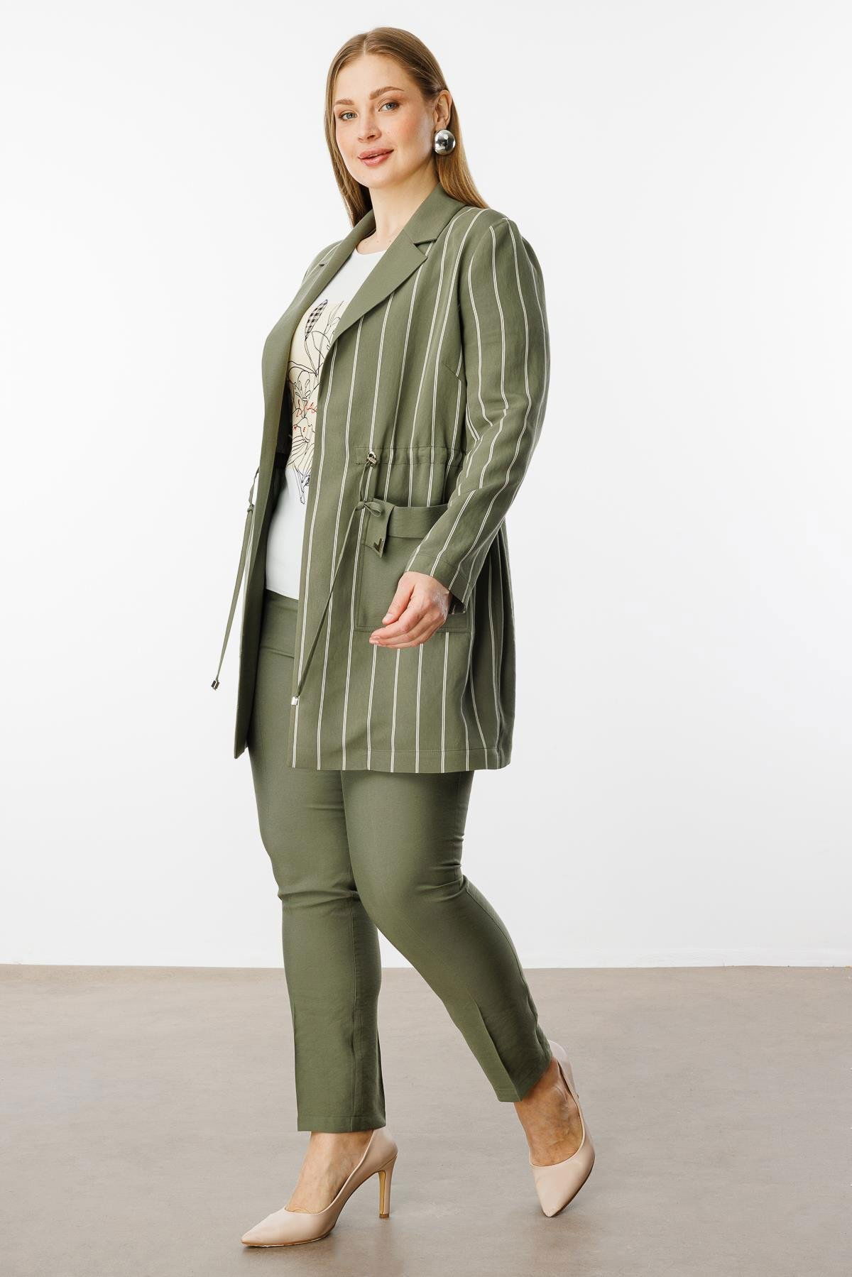 Moda İlgi Kadın Büyük Beden Mono Yaka Çizgili Tunik 40235 Haki - 2