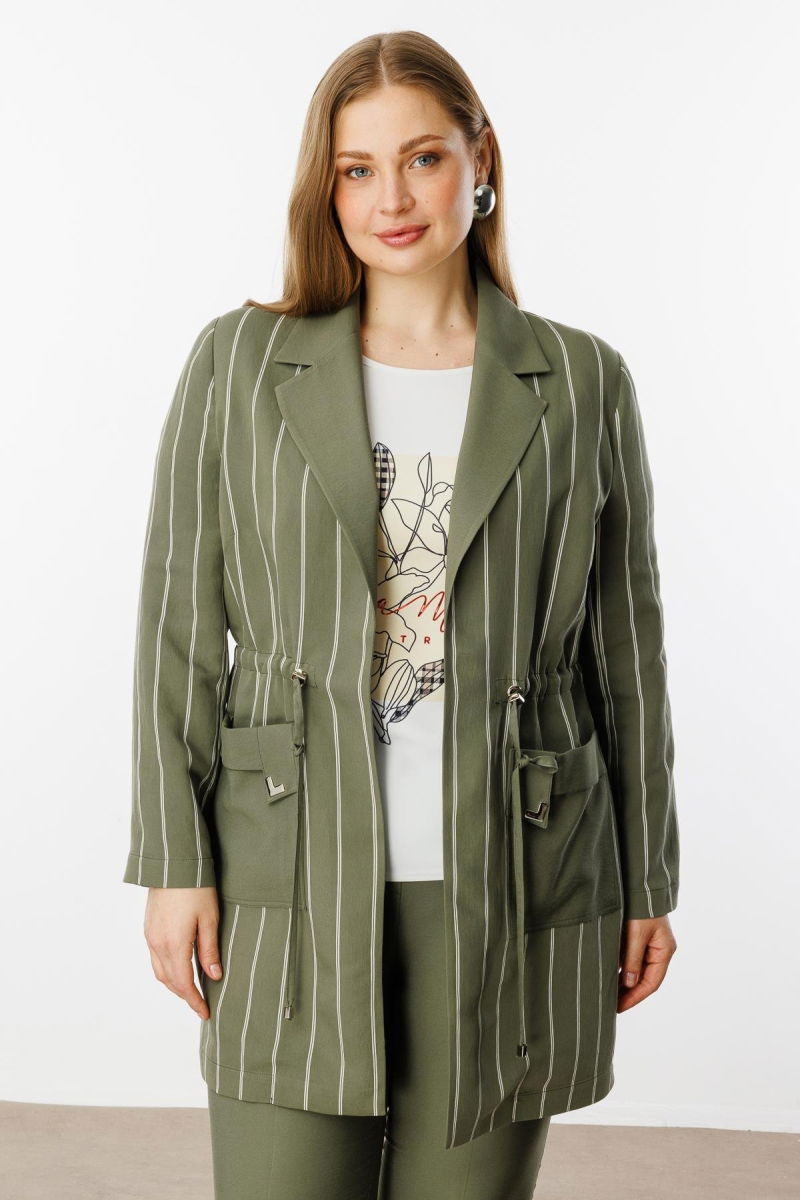 Moda İlgi Kadın Büyük Beden Mono Yaka Çizgili Tunik 40235 Haki - 3
