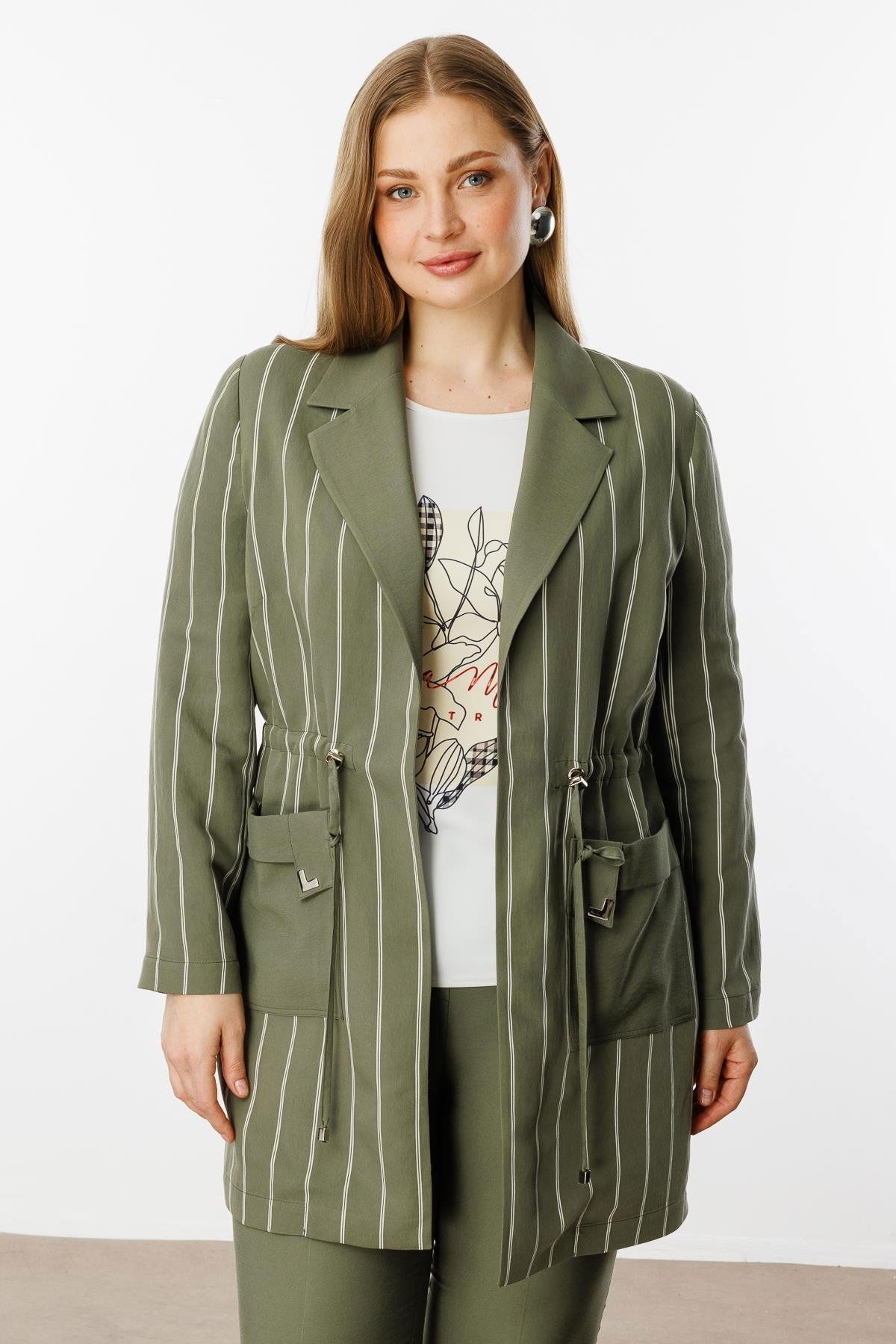 Moda İlgi Kadın Büyük Beden Mono Yaka Çizgili Tunik 40235 Haki - 3