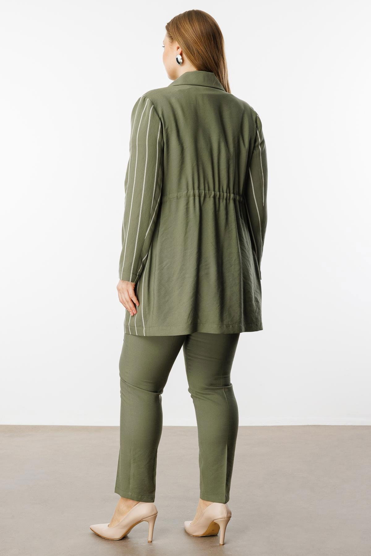 Moda İlgi Kadın Büyük Beden Mono Yaka Çizgili Tunik 40235 Haki - 4