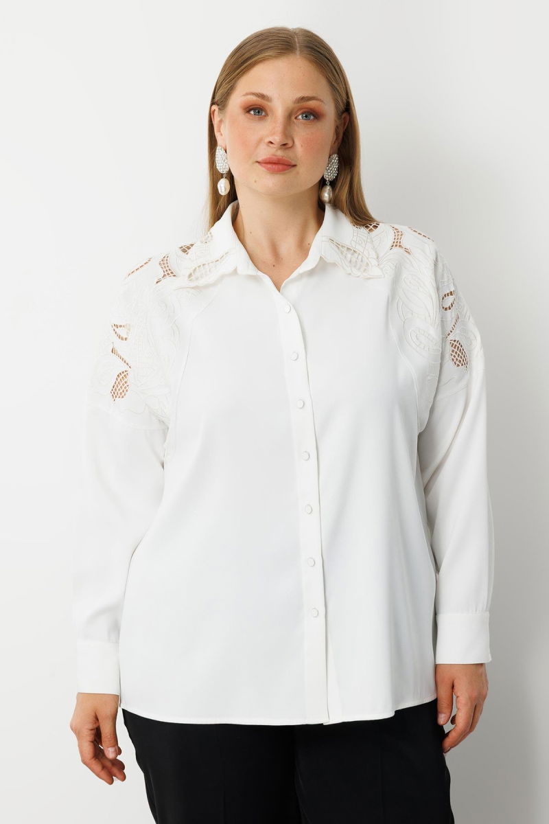 Moda İlgi Kadın Büyük Beden Nakış Detaylı Oversize Gömlek 0041 Ekru - Moda İlgi