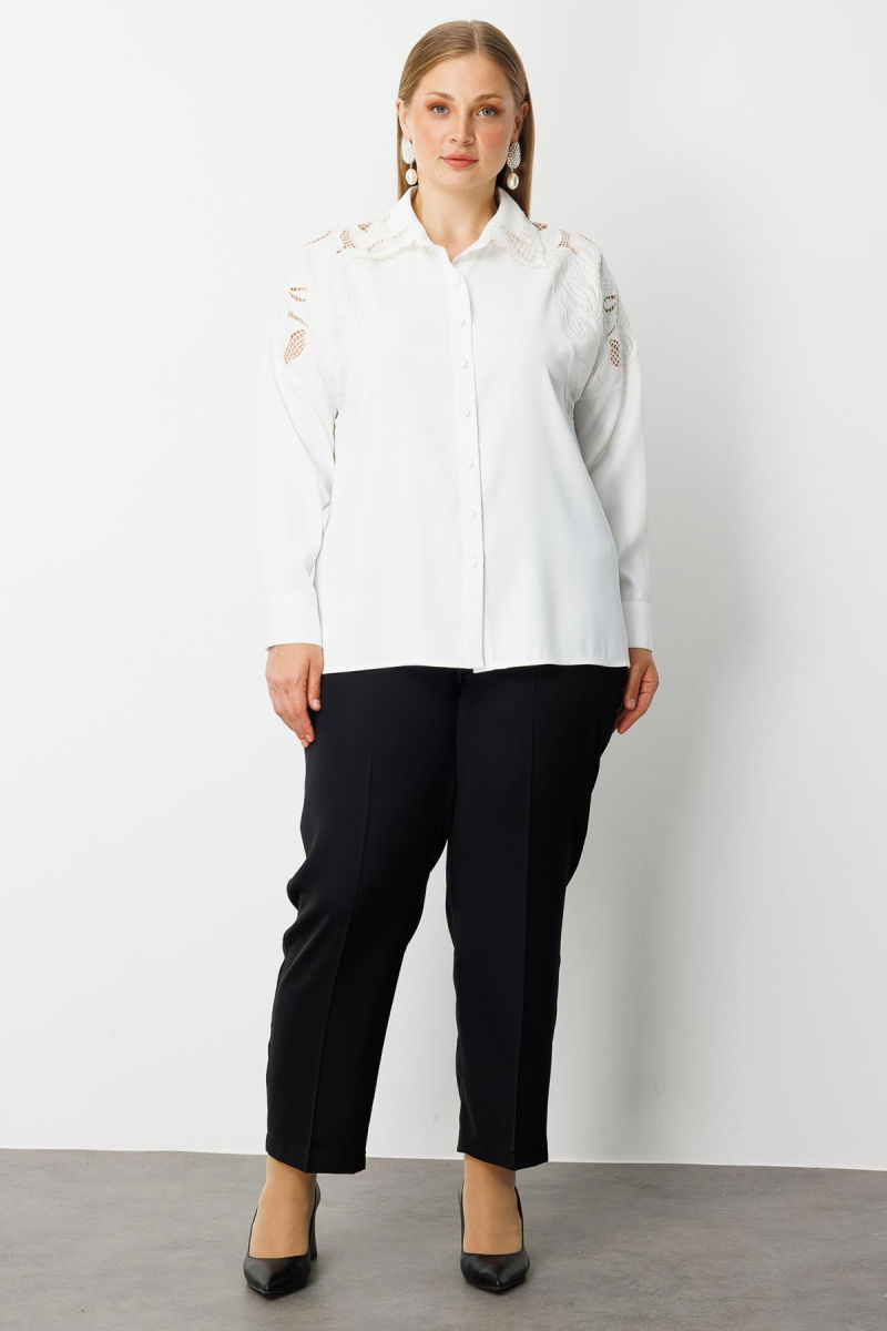Moda İlgi Kadın Büyük Beden Nakış Detaylı Oversize Gömlek 0041 Ekru - 2