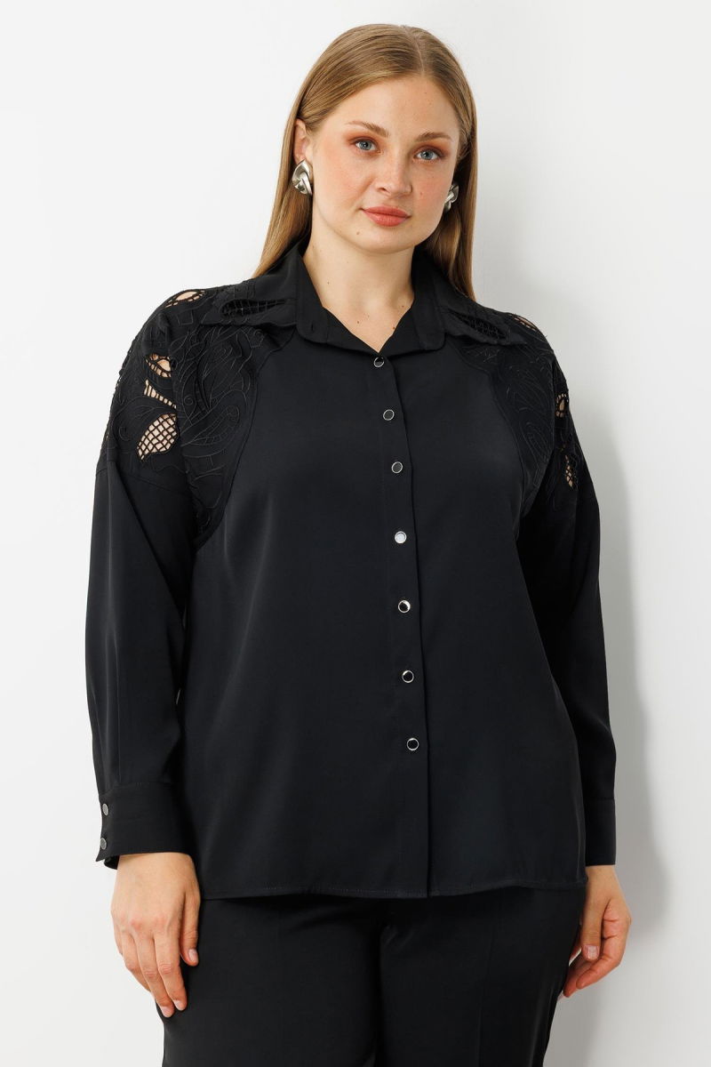 Moda İlgi Kadın Büyük Beden Nakış Detaylı Oversize Gömlek 0041 Siyah - Moda İlgi