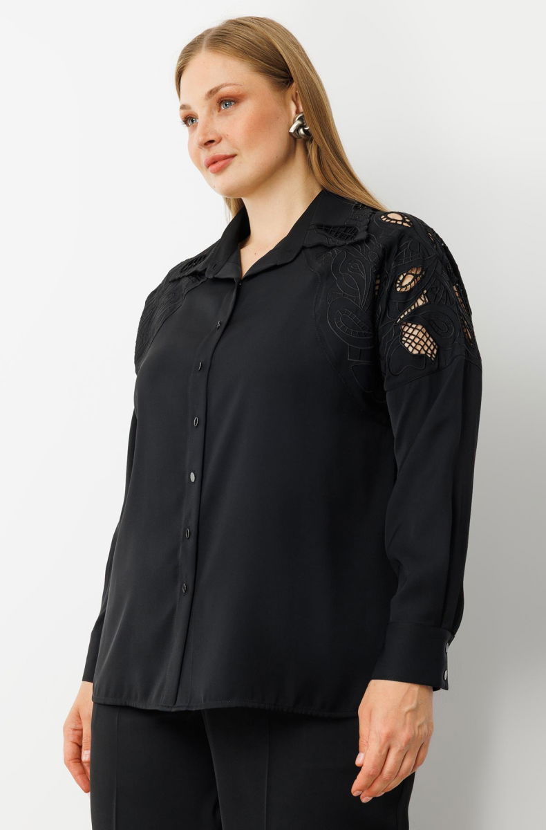 Moda İlgi Kadın Büyük Beden Nakış Detaylı Oversize Gömlek 0041 Siyah - 2