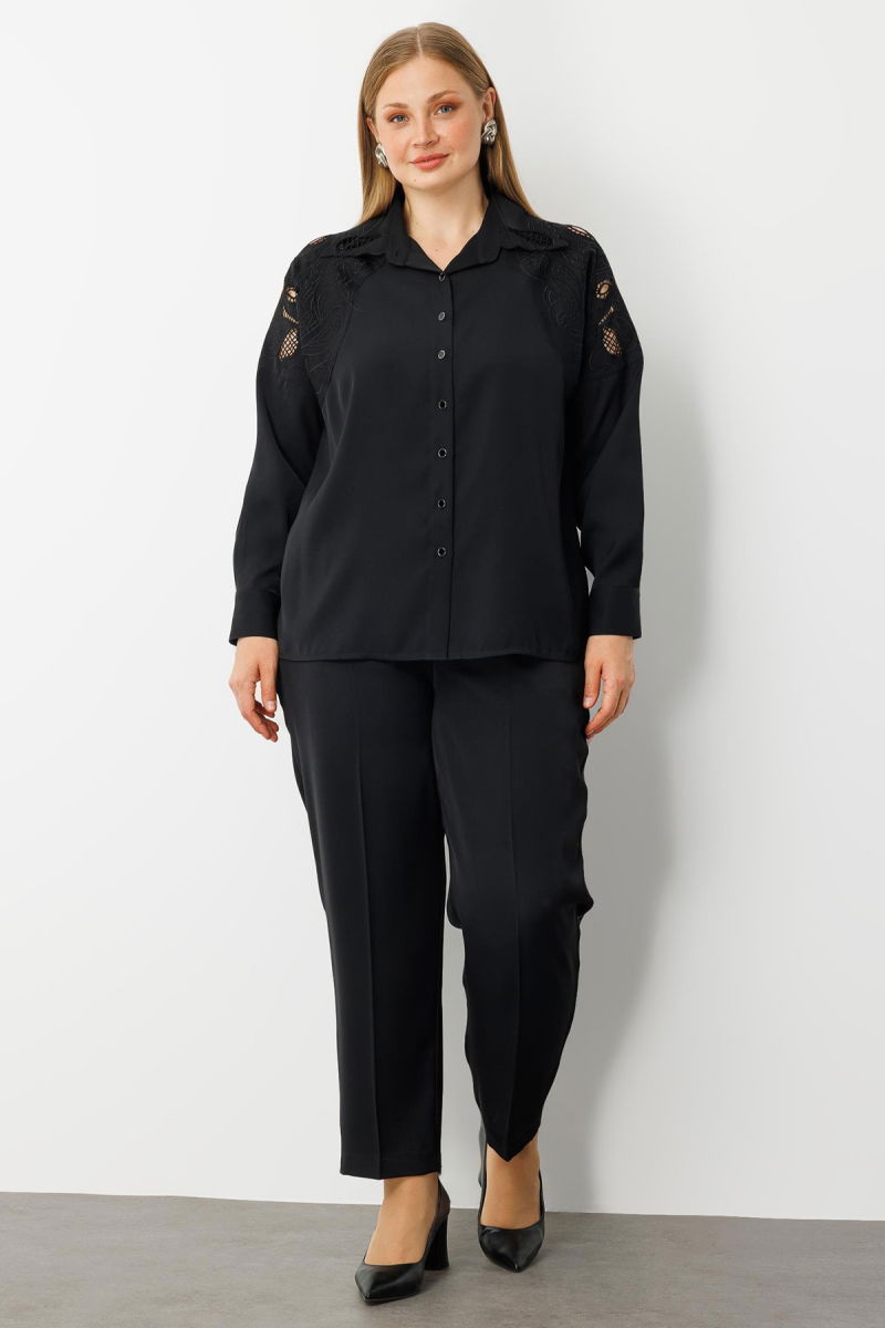 Moda İlgi Kadın Büyük Beden Nakış Detaylı Oversize Gömlek 0041 Siyah - 3