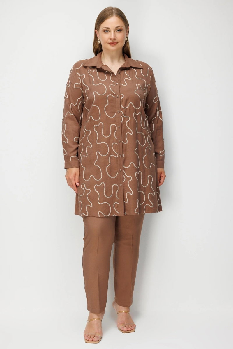 Moda İlgi Kadın Büyük Beden Nakışlı Uzun Tunik 0365 Kahverengi - Moda İlgi