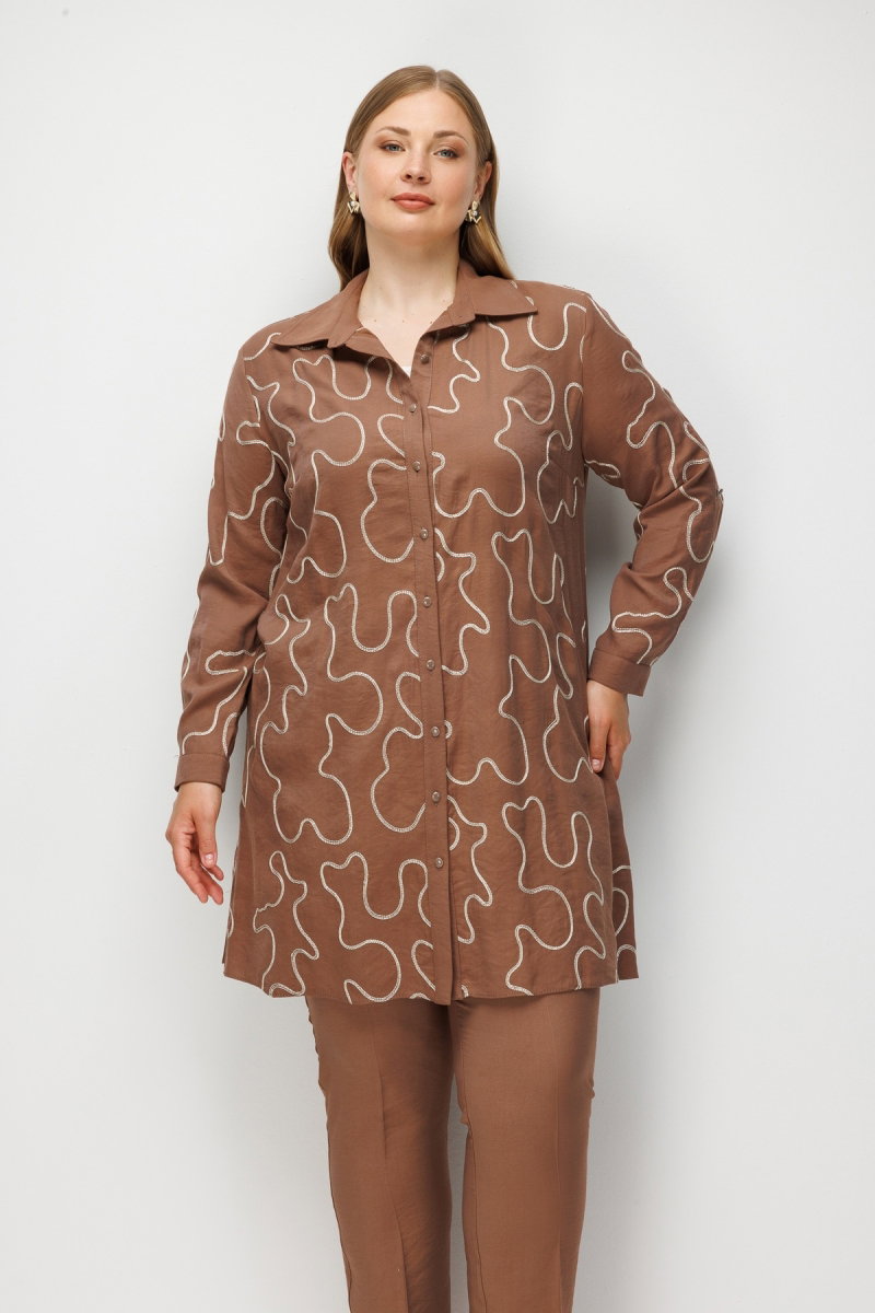 Moda İlgi Kadın Büyük Beden Nakışlı Uzun Tunik 0365 Kahverengi - 2