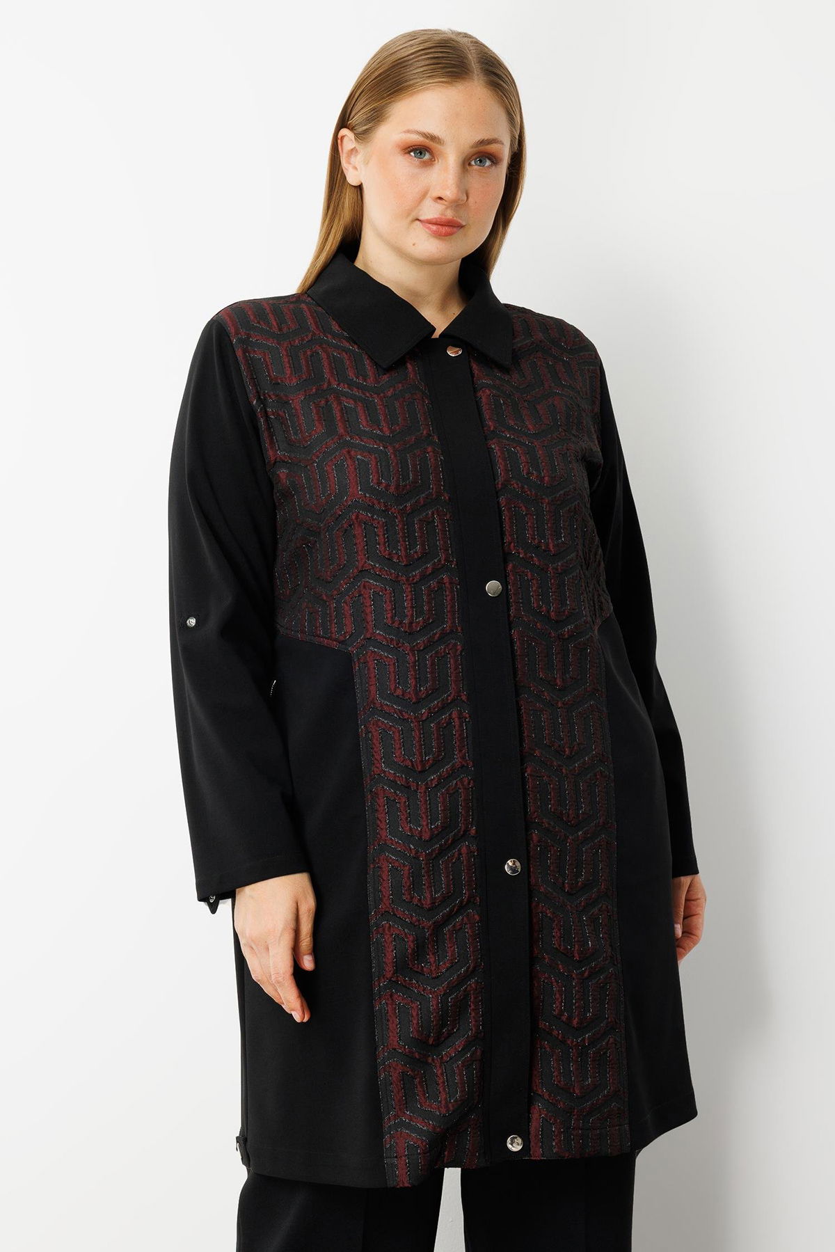 Moda İlgi Kadın Büyük Beden Ön Kapama Çıtçıtlı Fermuarlı Gofre Kumaş Tunik 0017 Bordo - 1