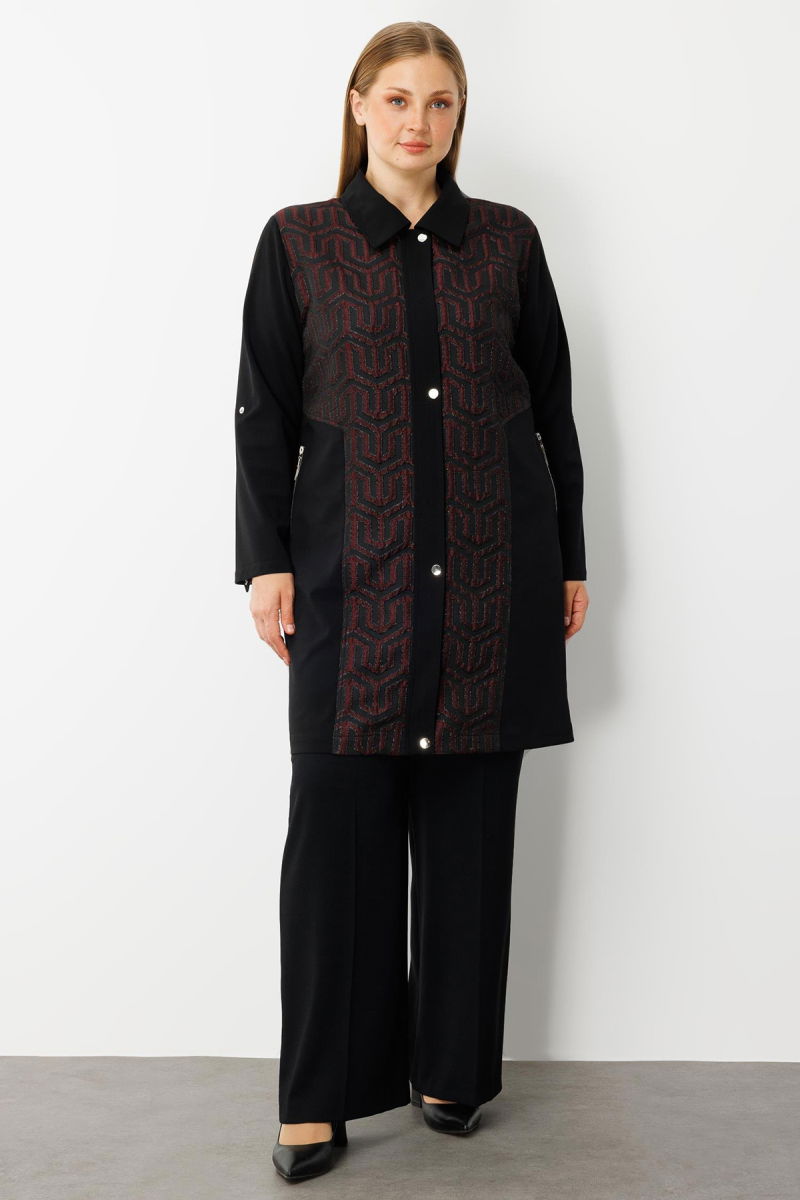 Moda İlgi Kadın Büyük Beden Ön Kapama Çıtçıtlı Fermuarlı Gofre Kumaş Tunik 0017 Bordo - 2