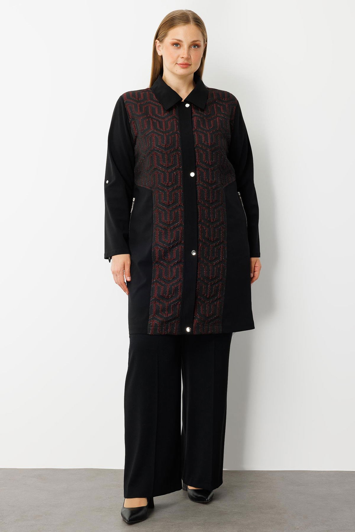 Moda İlgi Kadın Büyük Beden Ön Kapama Çıtçıtlı Fermuarlı Gofre Kumaş Tunik 0017 Bordo - 2