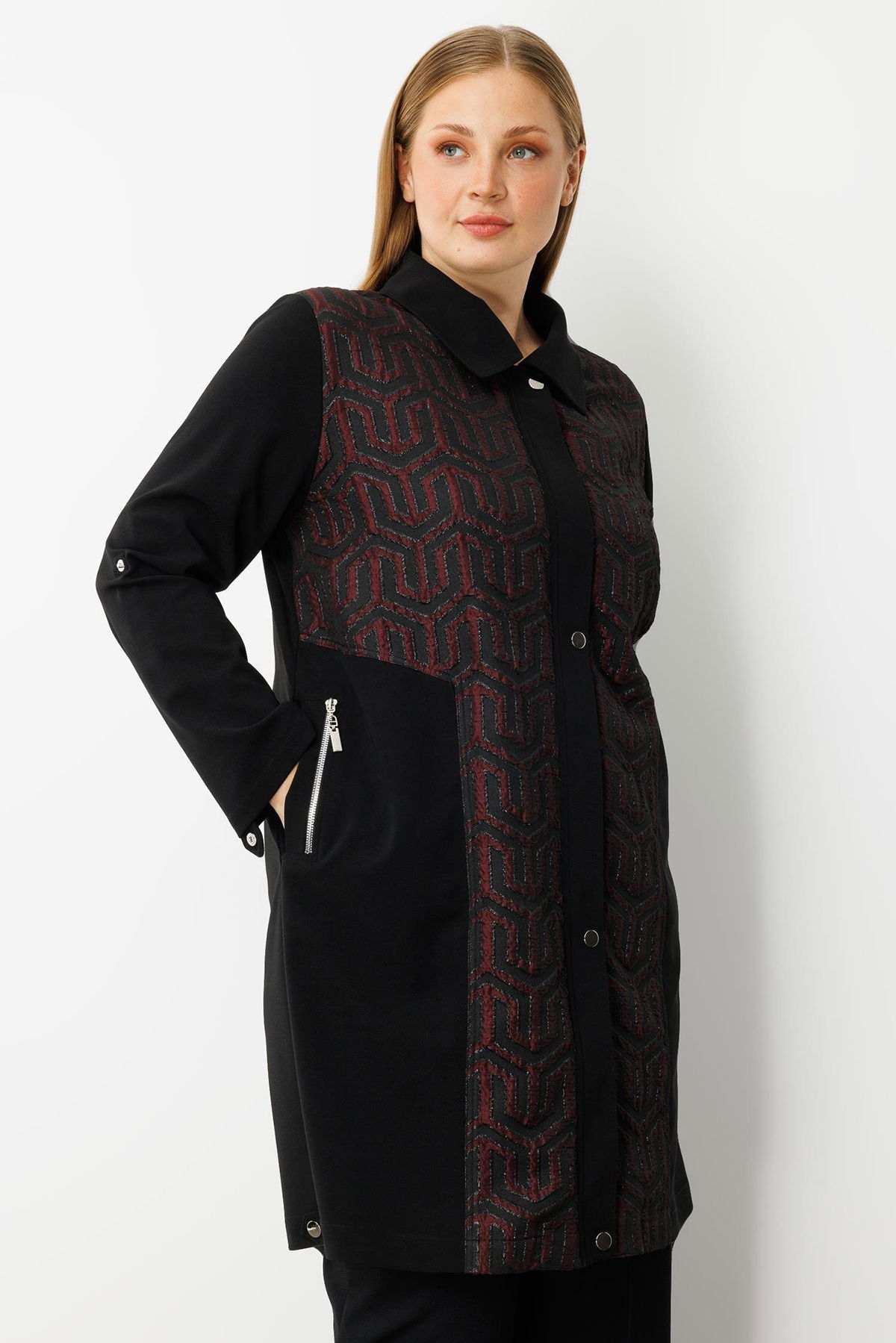 Moda İlgi Kadın Büyük Beden Ön Kapama Çıtçıtlı Fermuarlı Gofre Kumaş Tunik 0017 Bordo - 3