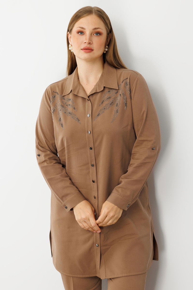 Moda İlgi Kadın Büyük Beden Ön Robaları Yaprak Desenli Taş Tunik 0301 Vizon - 2