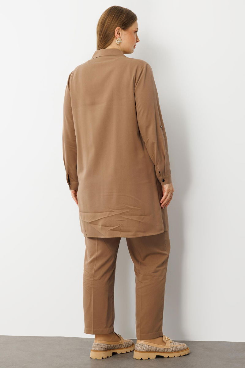 Moda İlgi Kadın Büyük Beden Ön Robaları Yaprak Desenli Taş Tunik 0301 Vizon - 4