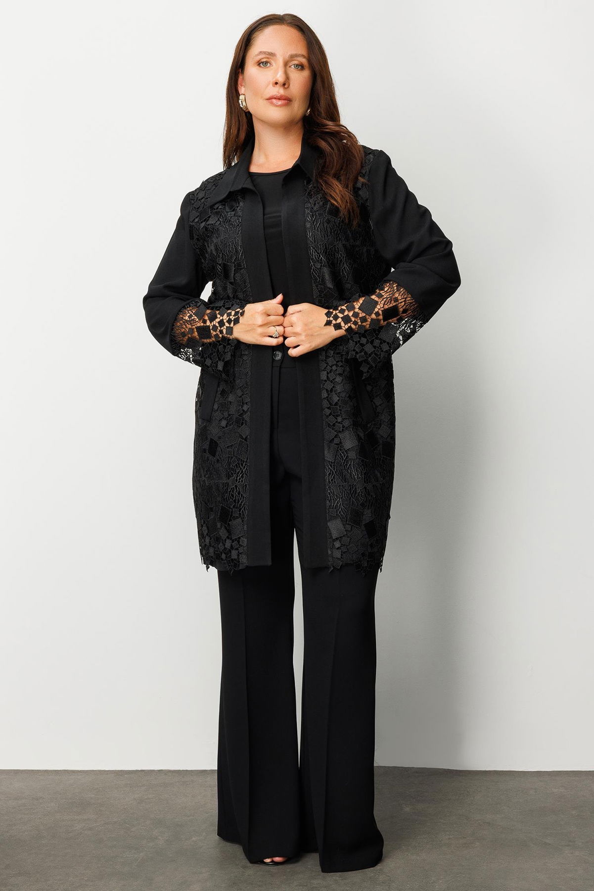 Moda İlgi Kadın Büyük Beden Önü Güpür Dantelli Tunik 0256 Siyah - 2