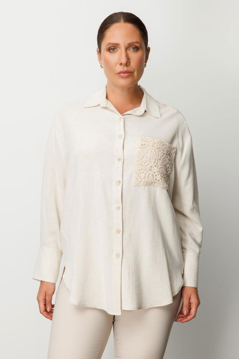 Moda İlgi Kadın Büyük Beden Robası ve Cebi Güpür Detaylı Oversize Keten Gömlek 0035 Taş - 3