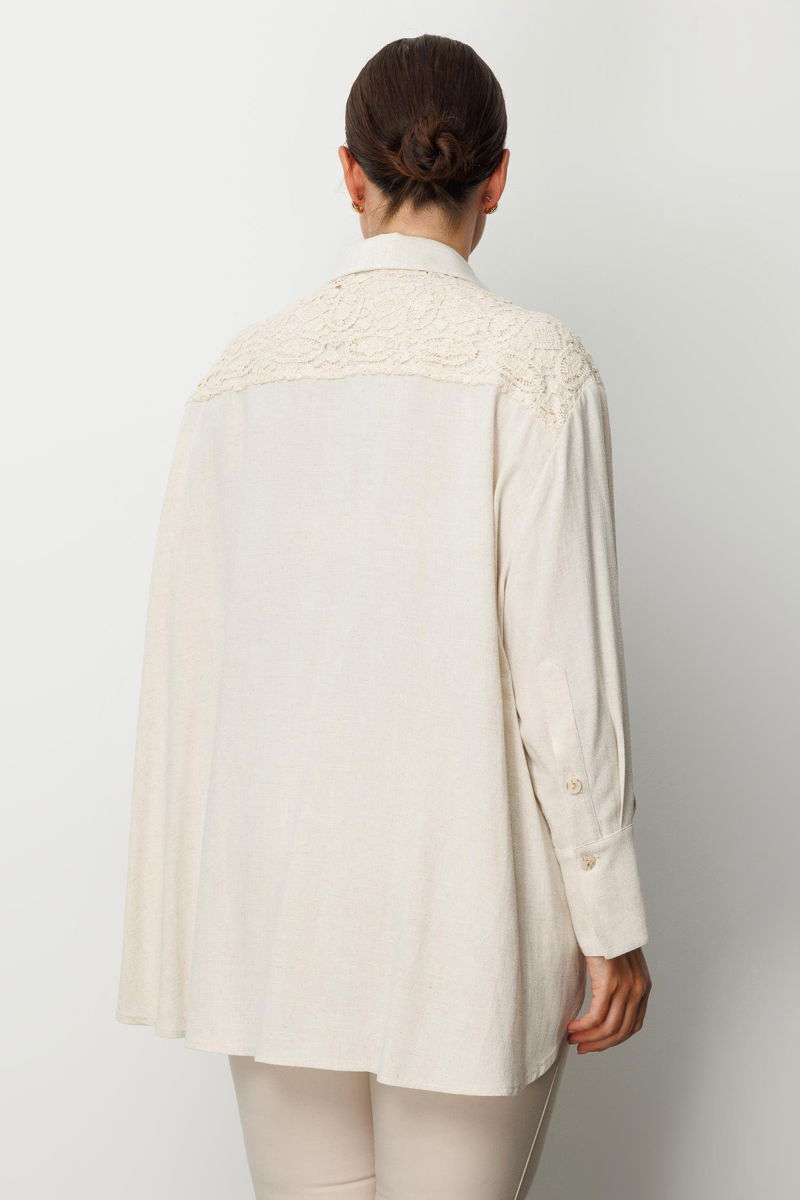 Moda İlgi Kadın Büyük Beden Robası ve Cebi Güpür Detaylı Oversize Keten Gömlek 0035 Taş - 4