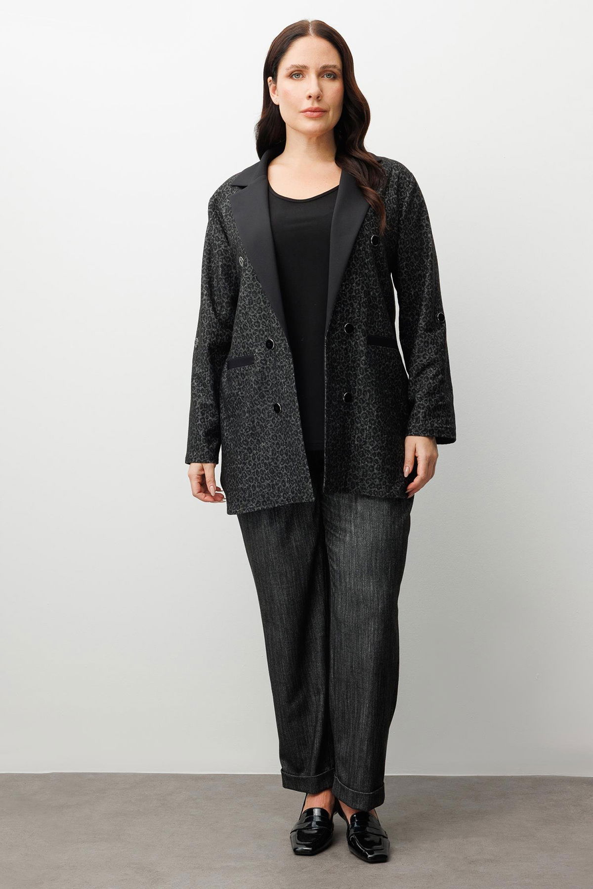 Moda İlgi Kadın Büyük Beden Salaş Takma Kol Leopar Ceket 0336 Siyah - 1