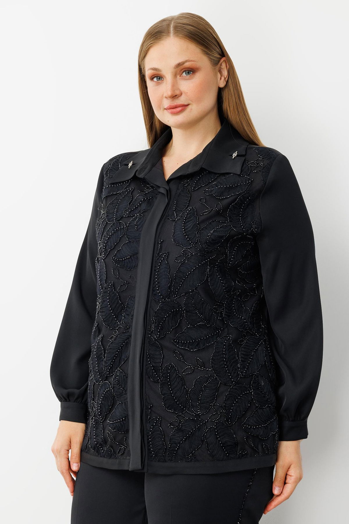 Moda İlgi Kadın Büyük Beden Yaprak Desenli Boncuk Detaylı Takma Kol Gömlek 0052 Siyah - 1