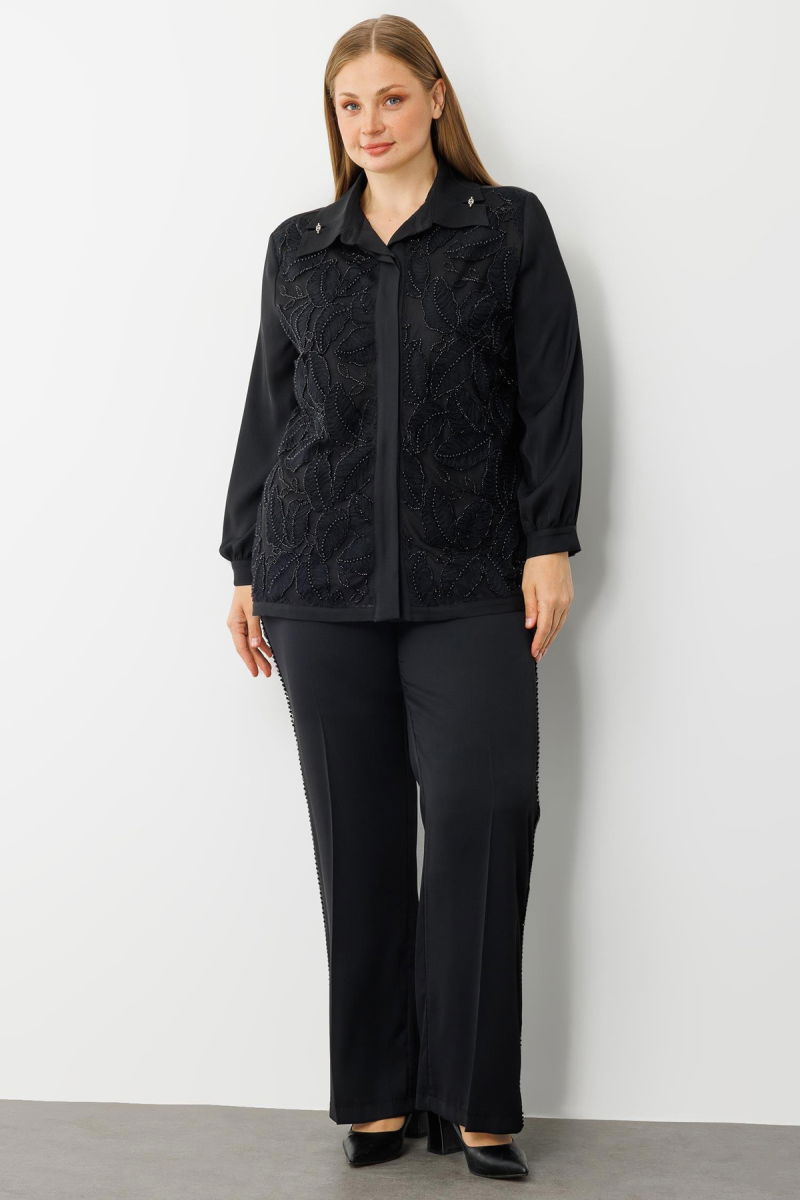 Moda İlgi Kadın Büyük Beden Yaprak Desenli Boncuk Detaylı Takma Kol Gömlek 0052 Siyah - 2