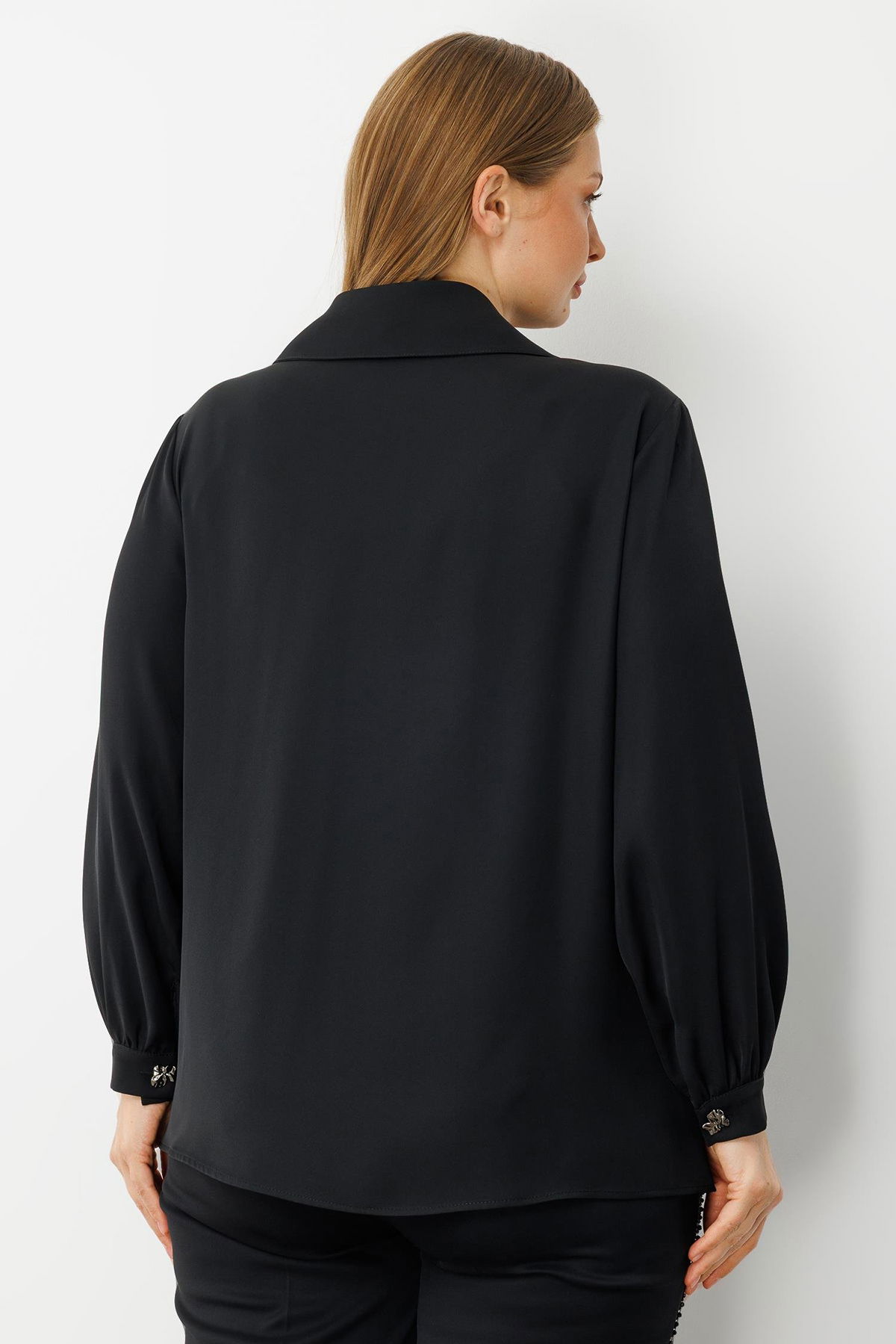 Moda İlgi Kadın Büyük Beden Yaprak Desenli Boncuk Detaylı Takma Kol Gömlek 0052 Siyah - 4