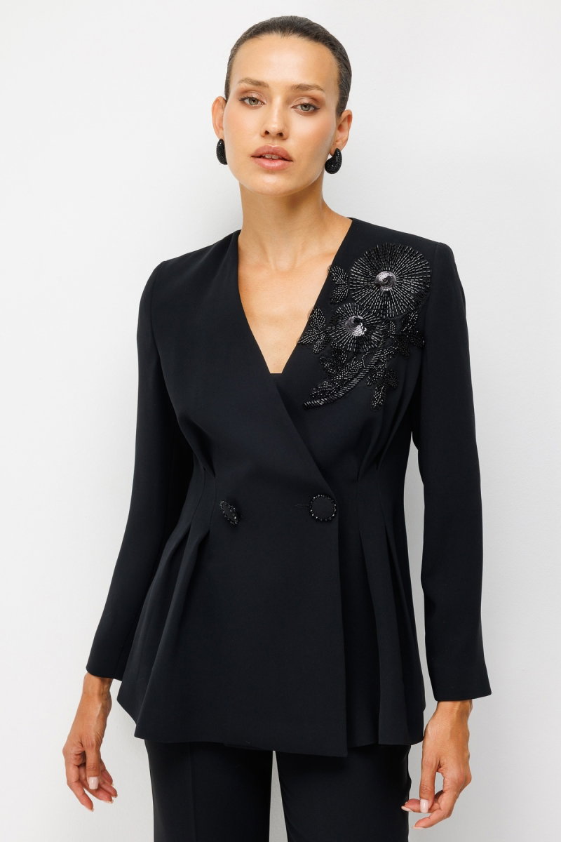 Moda İlgi Kadın Çiçek Desen Boncuk Aplikeli Kruvaze Ceket Siyah - 2