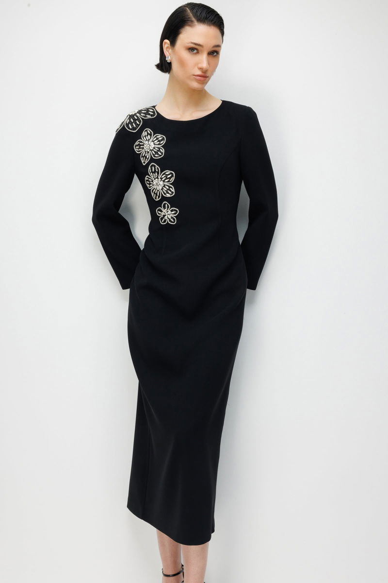 Moda İlgi Kadın Çiçek Desenli Taş Aksesuarlı Klasik Kalem Elbise 0093 Siyah - Moda İlgi