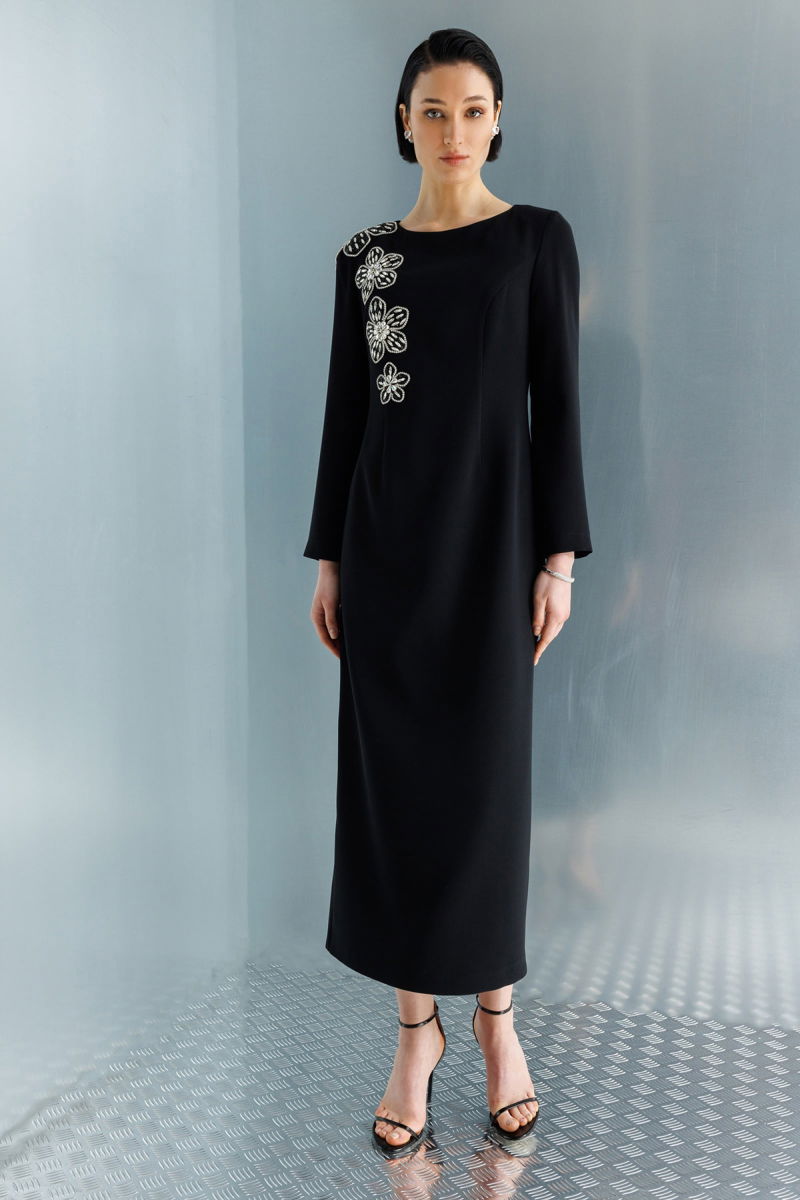 Moda İlgi Kadın Çiçek Desenli Taş Aksesuarlı Klasik Kalem Elbise 0093 Siyah - 2