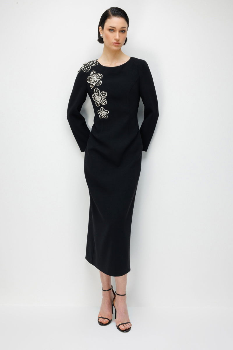 Moda İlgi Kadın Çiçek Desenli Taş Aksesuarlı Klasik Kalem Elbise 0093 Siyah - 3