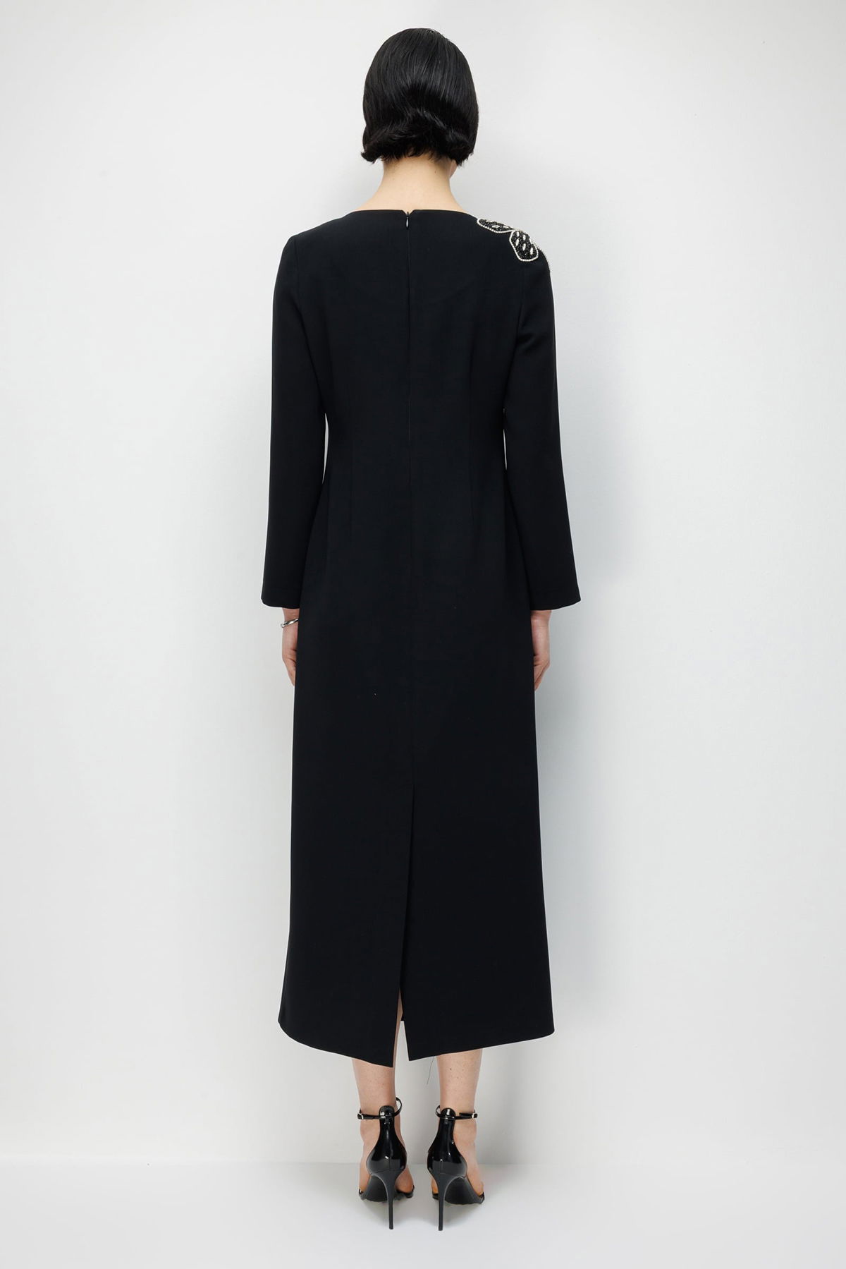 Moda İlgi Kadın Çiçek Desenli Taş Aksesuarlı Klasik Kalem Elbise 0093 Siyah - 4