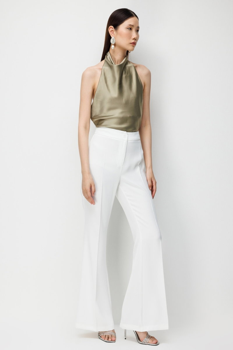 Moda İlgi Kadın Fermuarlı İspanyol Paça Dokuma Pantolon 5031 Ekru - 2