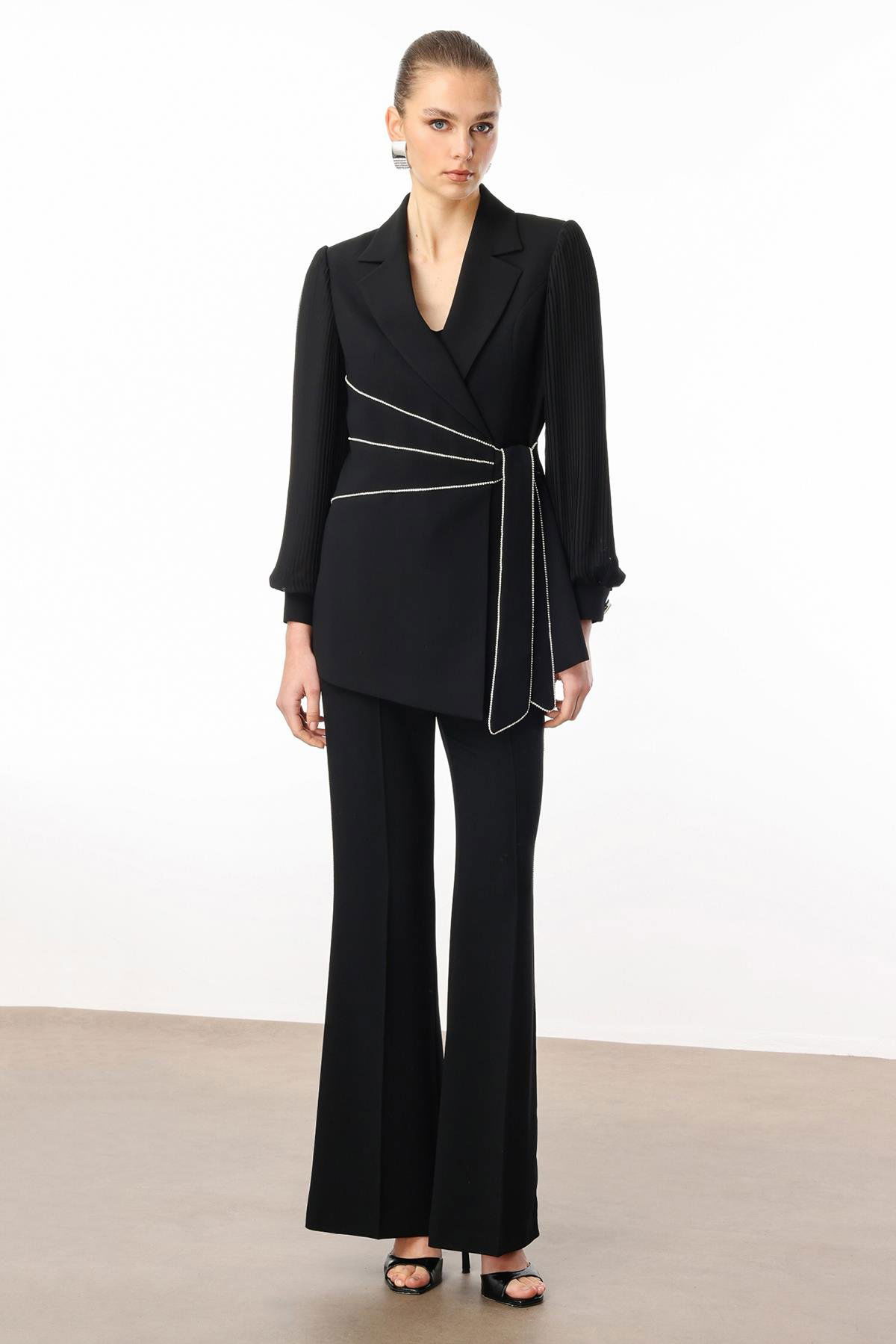 Moda İlgi Kadın Kolları Piliseli Şerit Aksesuarlı Ceket 5008 Siyah - 1