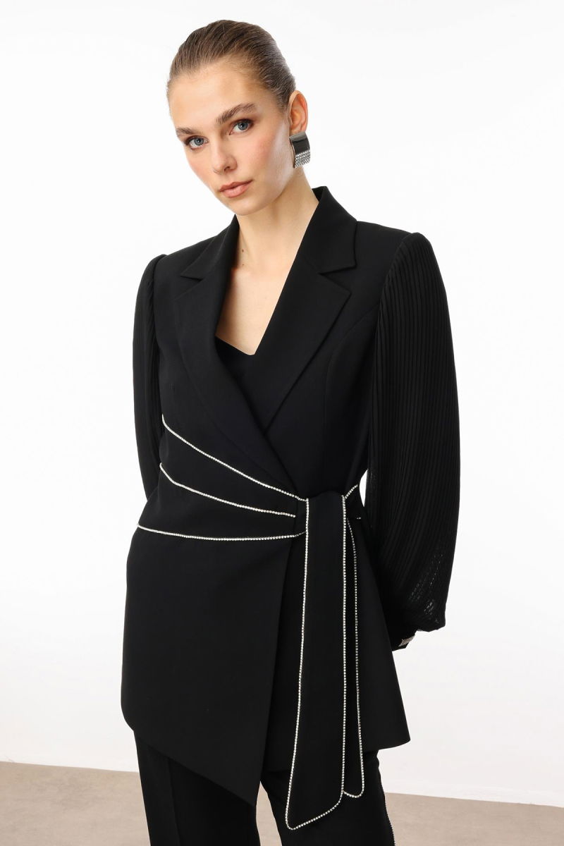 Moda İlgi Kadın Kolları Piliseli Şerit Aksesuarlı Ceket 5008 Siyah - 2
