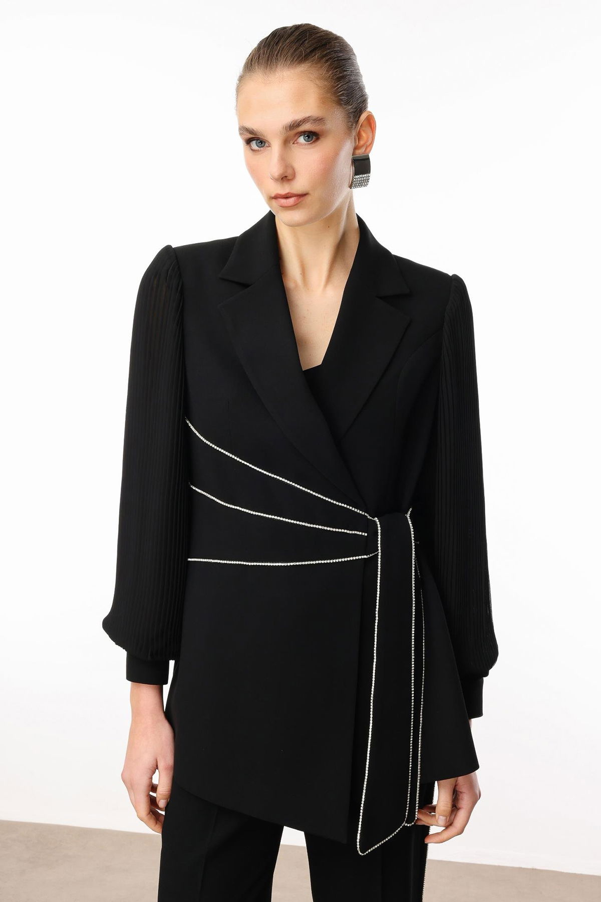 Moda İlgi Kadın Kolları Piliseli Şerit Aksesuarlı Ceket 5008 Siyah - 3