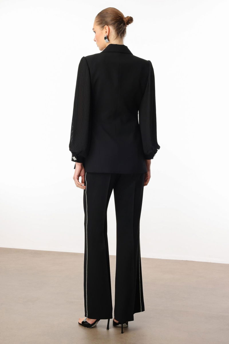 Moda İlgi Kadın Kolları Piliseli Şerit Aksesuarlı Ceket 5008 Siyah - 4