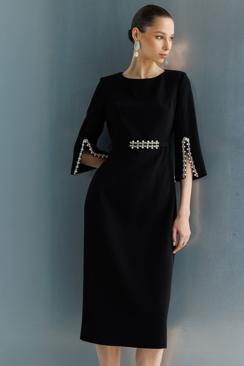 Moda İlgi Kadın Kolları Yırtmaçlı İncili Aksesuarlı Beli Kemerli Elbise 0031 Siyah - 3