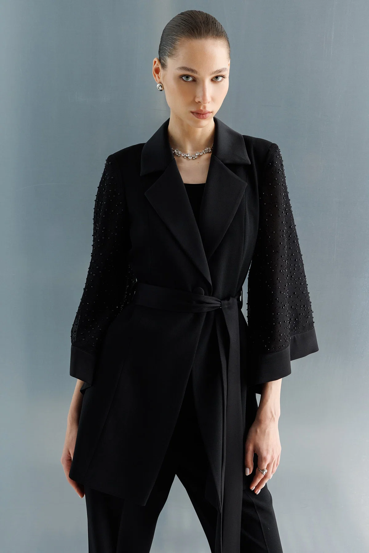 Moda İlgi Kadın Kolu İncili File Kumaştan Uzun Ceket 5013 Siyah - 1