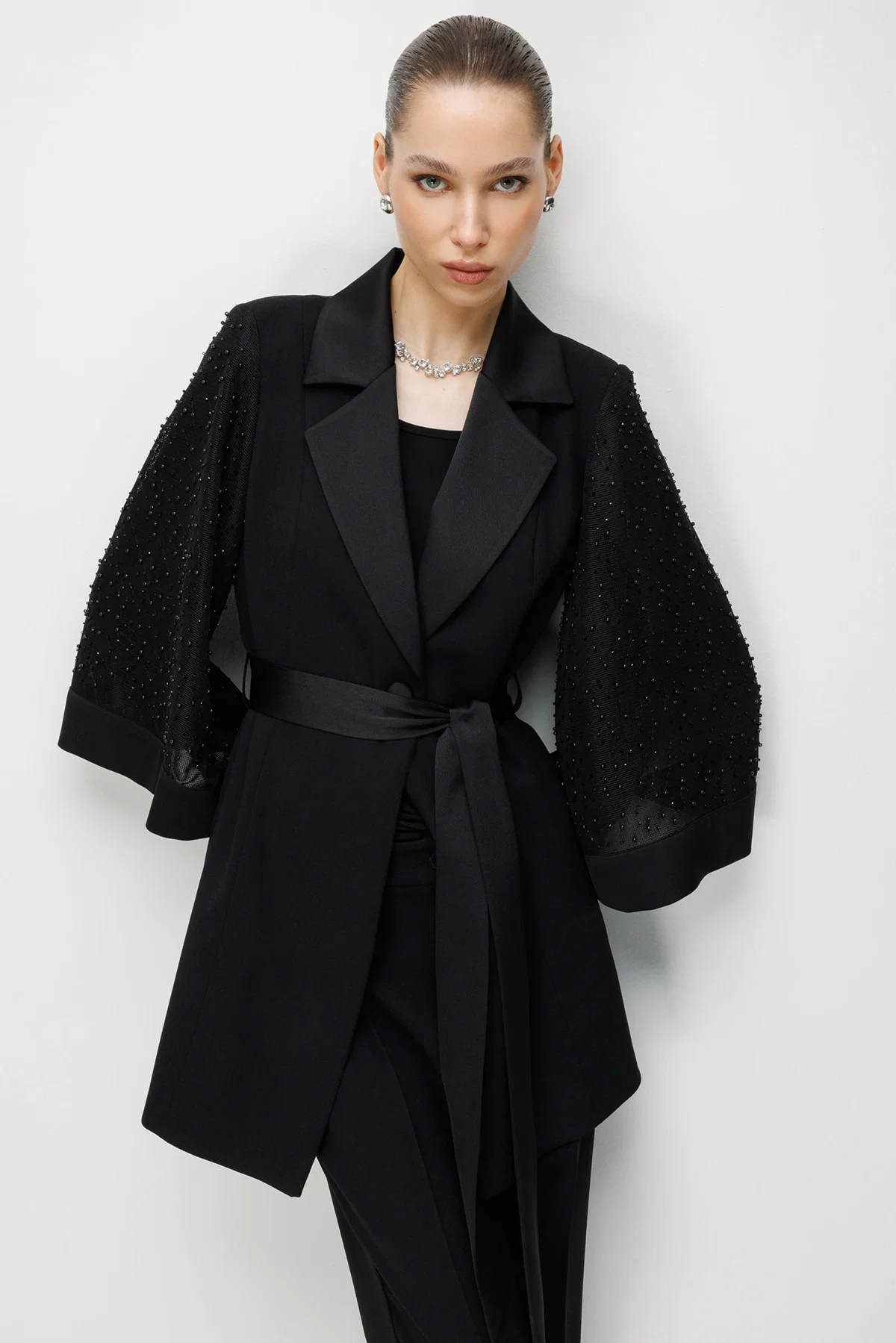 Moda İlgi Kadın Kolu İncili File Kumaştan Uzun Ceket 5013 Siyah - 2