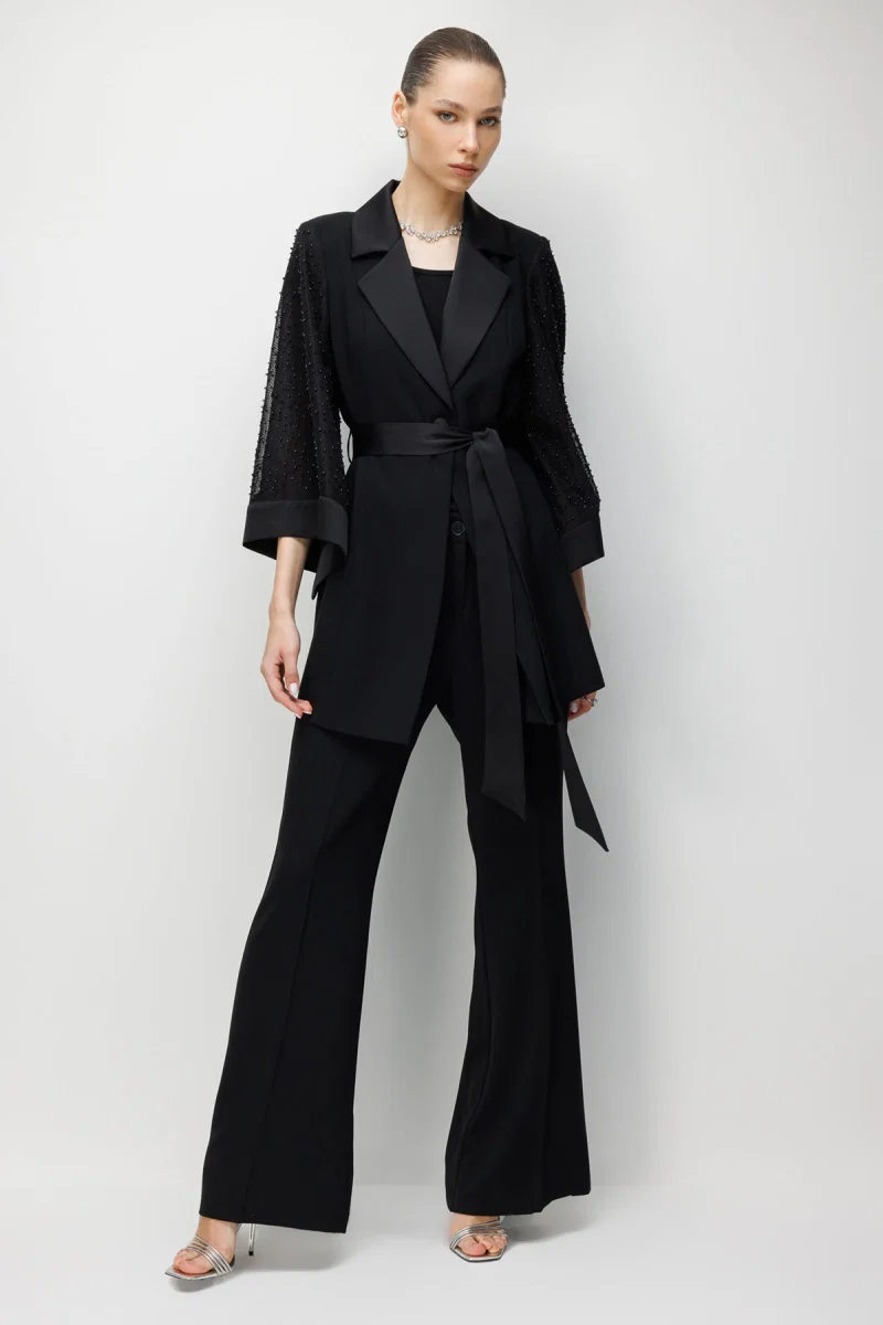 Moda İlgi Kadın Kolu İncili File Kumaştan Uzun Ceket 5013 Siyah - 3